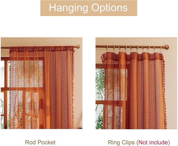 Sutuo Home Lace Boho Curtains 2 Panels for Living Room Bedroom, Semi Sheer Curtains French Country Privacy Vintage Chic Tassels Burnt Orange Rustic Halloween Decor Rod Pocket, 50" x 108" Terracotta