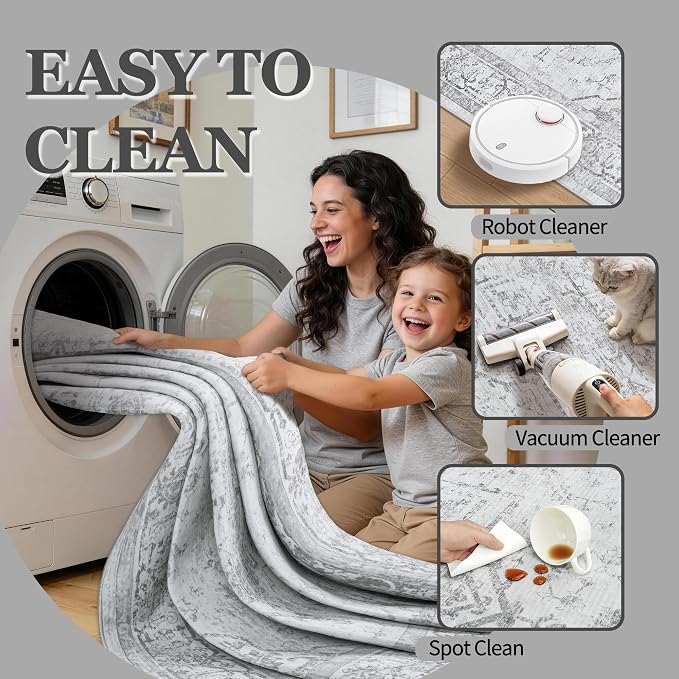 9x12 Area Rugs for Living Room:Gray Washable Vintage Medallion Rug Non-Slip Soft Low Pile Large Rugs Indoor Retro Carpet for Bedroom Kitchen Nursery Dining Table Office (Gray, 9'x12')