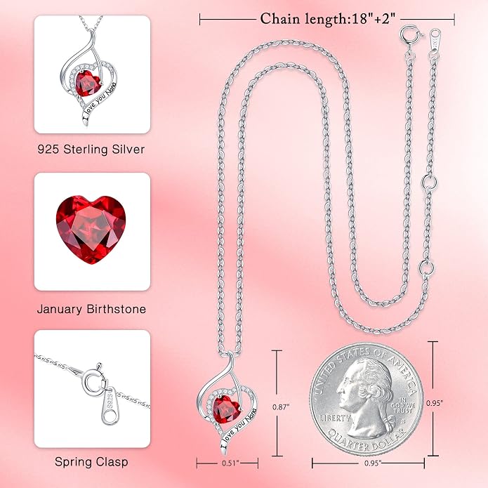 Nana Gifts Sterling Silver Heart Birthstone Necklaces, I Love You Nana Gifts for Mothers, Grandma