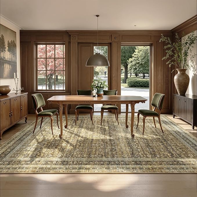 5x7 Washable Area Rugs for Living Room Bedroom, Boho Non-Slip Rug | Vintage Distressed Retro; Low Pile; Stain Resistant; Neutral Soft Carpet for Dining Room, Nursery, Home Office; Caramel Brown