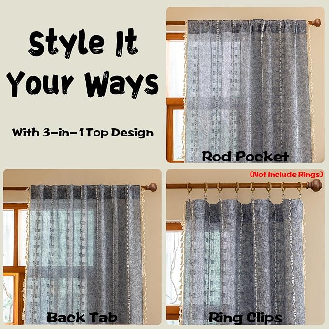 Boho Curtains 90 Inches Long 2 Panels for Bedroom Windows, Bohemian Semi Sheer Drapes, Farmhouse Privacy Beige Tassels Vintage Chic Drape Embroidery Window Treatments,Back Tab & Rod pocket Denim Blue
