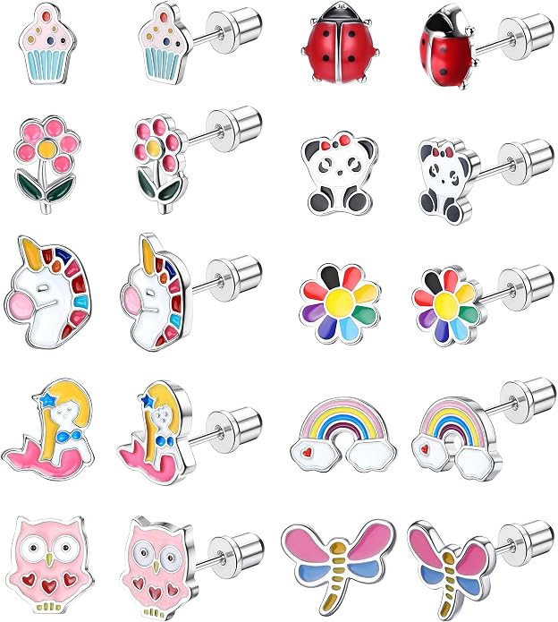 FASACCO 10Pairs Hypoallergenic Screw Back Earrings for Women Girls Stainless Steel CZ Heart Butterfly Ball Stud Earrings Multicolored Cat Rainbow Screwback Stud Earrings Set Over 3 Years Old