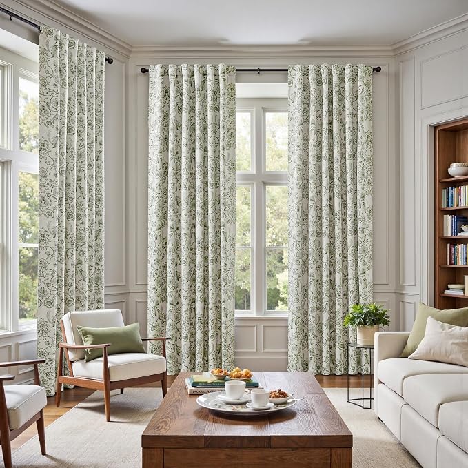 jinchan Green Floral Blackout Curtains 84 Inch Farmhouse Back Tab 2 Panels | Green on beige, room darkening, traditional vintage drapes, bedroom, living room, botanical, flower print, window treatment