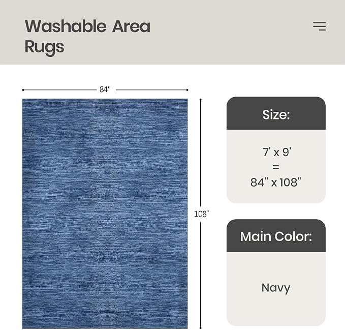 Valenrug Washable Rugs 7x9 - Non Slip 7x9 Area Rugs for Living Room, Stain Resistant Area Rugs for Bedroom, Foldable Machine Washable Area Rug(7'x9', Navy)
