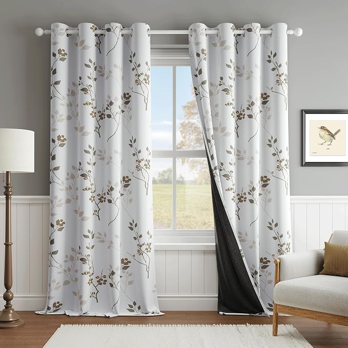 Beauoop Floral 100% Blackout Curtains for Bedroom Tan Brown 52X108 2 Panels | Flower Patterned Brown White Room Darkening Drapes for Living Room Thermal Insulated Soundproof Window treatment Grommet