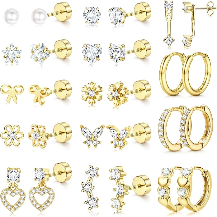 LOLIAS Hypoallergenic Flat Back Earrings for Women Girls-Surgical Stainless Steel Earrings for Sensitive Ears-Cute Flatback Stud Earring Set Small Hoops Cartilage Earring Stacks
