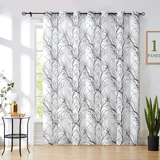 FMFUNCTEX Linen Black White Semi Sheer Patio Curtains 84 Inch Long 1 Panel | Extra Wide Sheer Patterned Patio Door Drapes, Tree Branch Print, Grommet Top for Sliding Doors and Airy Farmhouse Privacy