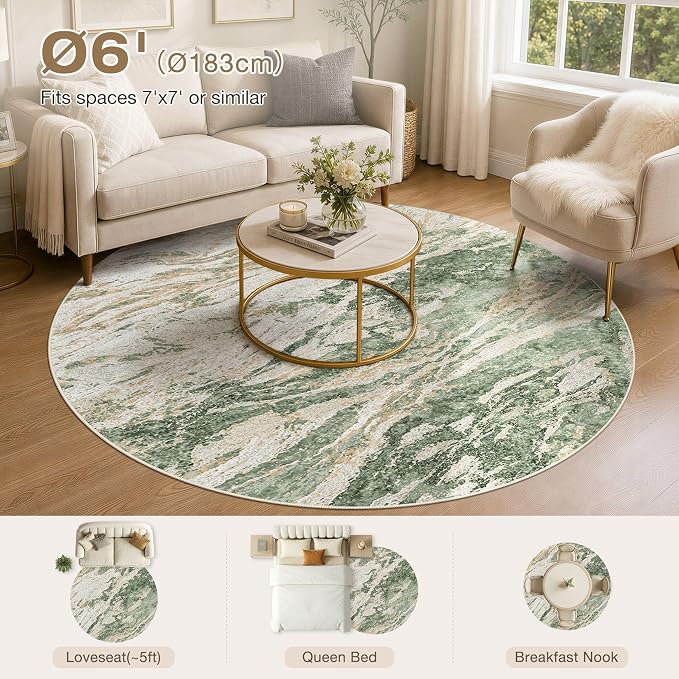 Area Rugs for Living Room: 6ft Round Abstract Washable Rug Modern Neutral Large Soft Stain Resistant Non-Slip for Bedroom Dining Room Indoor Home Office Carpet - Green Brown