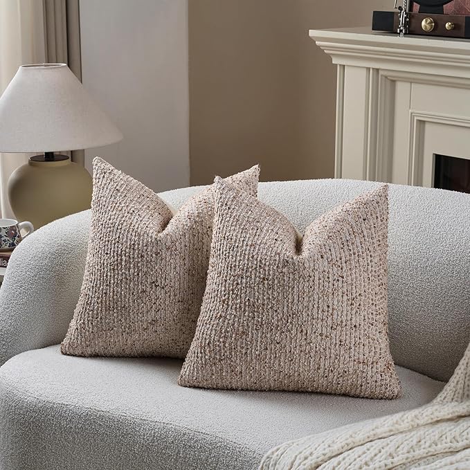 DEZENE Striped Throw Pillow Covers 16x16 Set of 2 Beige Textured Boucle Chic Morden Boho Accent Farmhouse Square Decorative Couch Pillow Covers for Home Decor Bed Sofa Living Room