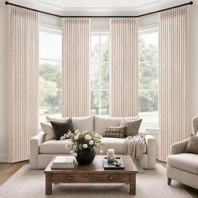Memory Trained Pinch Pleated 102 Inch Extra Long Curtains for Sliding Glass Doors, Linen Semi Sheer Light Filtering Non See Through Living Room Floor Length Modern Window Curtain & Drapes 4 Panels Set