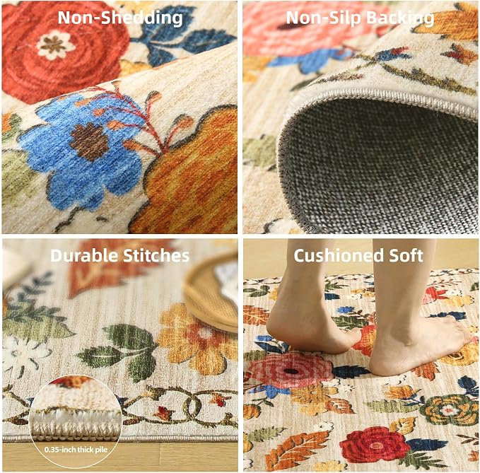 2x6 Hallway Washable Runner Rug: Vintage Kitchen Rug Runner with Non Slip Backing Low Pile Soft Faux Wool Non Shedding Distressed Carpet Runners for Entryway Living Room Bedroom Bathroom Farmhouse