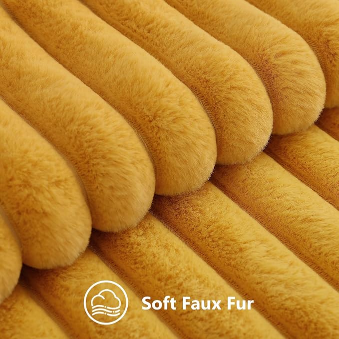 decorUhome Fall Faux Fur Throw Pillow Covers 20x20 Set of 2 Mustard Yellow | Decorative Soft Cozy Striped Plush Modern Farmhouse Boho Couch Pillow Cases Velvet Back for Sofa Bed Living Room Home Decor