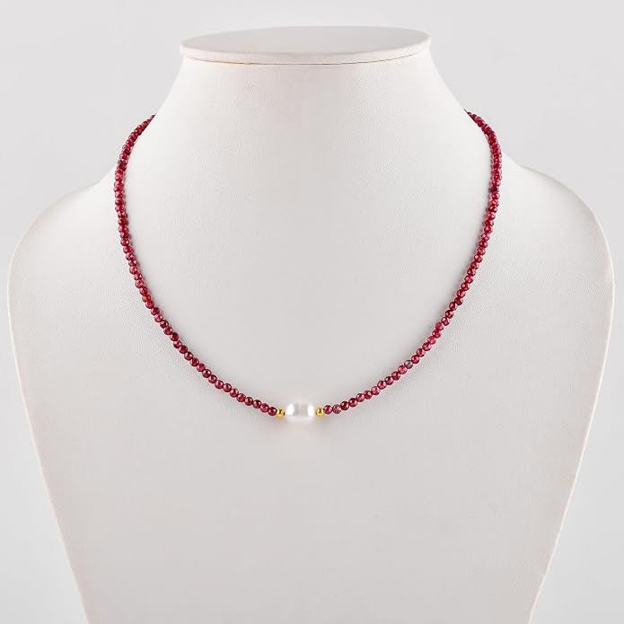 InfinityGemsArt Gemstone Gold Necklace For Women, Birthstone Natural Crystal Stone With Freshwater Pearl Beaded Jewelry, Gold Plated 18 Inch Chain