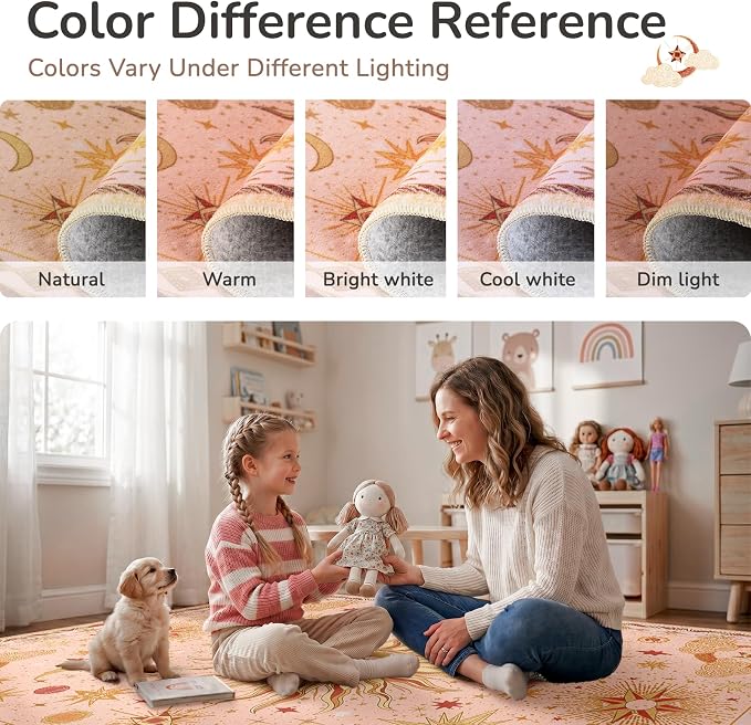 Vacuum-Friendly, 8x10 Washable Area Rug, Pink Gold Beige Red | Sun and Moon Boho Gothic Non-Slip Low Pile Living Roon Bedroom Dining Room Kitchen Entry Entryway Entrance Hallway Doormat
