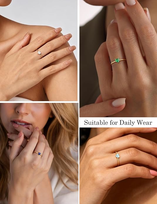 WFYOU Gold Heart Birthstone Rings for Women 14K Gold Plated Non Tarnish Stackable Pinky Cubic Zirconia Rings Emerald Dainty Gemstone Thumb Ring Band Cute Jewelry Birthday Gift Size 5-10