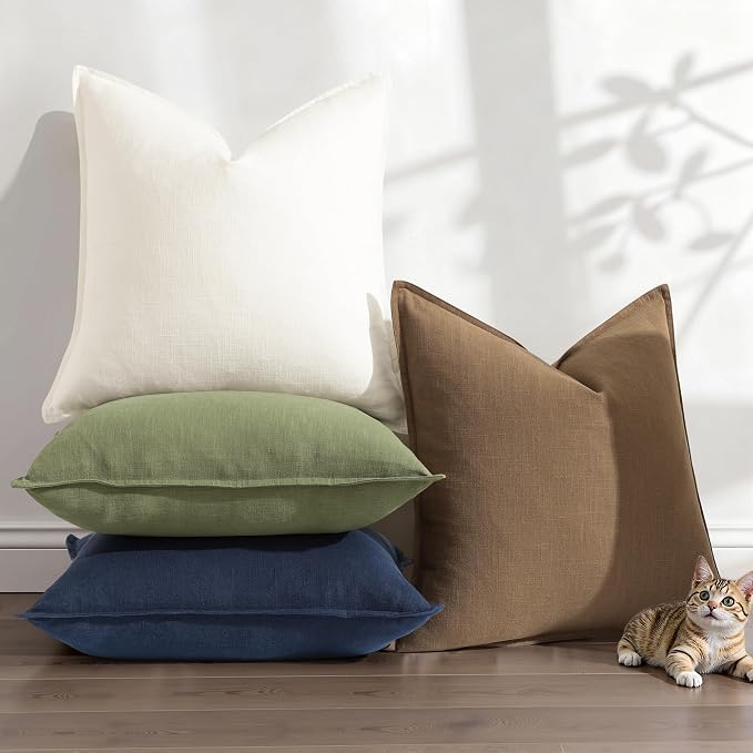 decorUhome Fall Cream White Linen Throw Pillow Covers 18x18 Set of 2 | Decorative Soft Cozy Modern Farmhouse Boho Accent Pillow Cases with Flange Edges for Couch Bed Sofa Living Room Home Decor