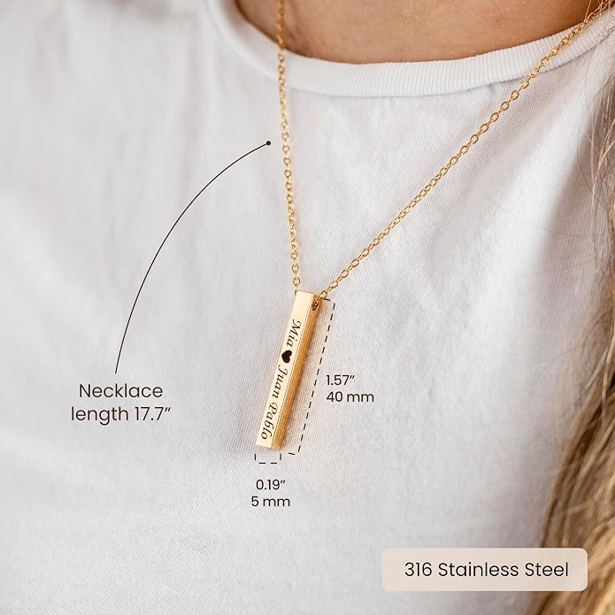 Personalized bar necklace for women, custom engraved stainless steel name plate necklace gift gold, silver and rose gold for mothers day, coordinates, dates, roman numeral, friendship, christmas
