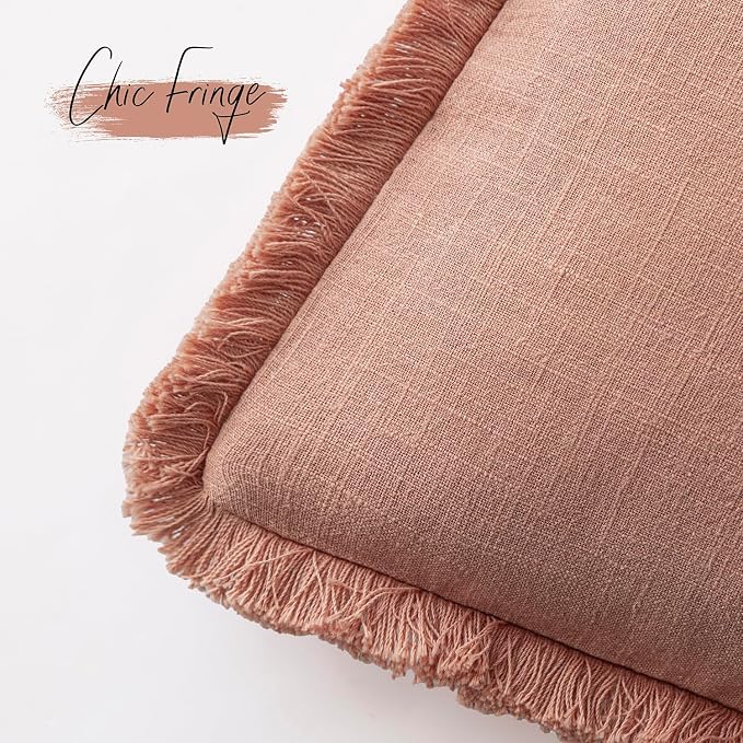 Foindtower Set of 2 Decorative Linen Fringe Lumbar Throw Pillow Covers Boho Farmhouse Cushion Cover with Tassels Soft Accent Pillowcase for Couch Sofa Bed Living Room Home Decor,12×20 Inch,Coral Pink
