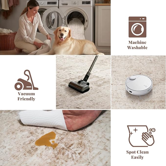 Machine Washable Rugs for Living Room: 5x7 Area Rugs for Bedroom Ultra Soft Non-Slip Low Pile Vintage Distress Boho Large Carpet for High-Traffic Dining Room - Farmhouse Decor