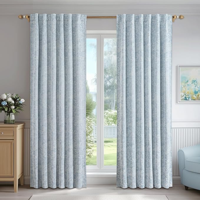 Beauoop Blue Floral Jacquard Blackout Curtains for Bedroom 52x108 2 Panels | Flower Chenille Room Darkening Drapes for Living Room 108 Inch Long Thermal Insulated Soundproof Window treatment Rod Pocket