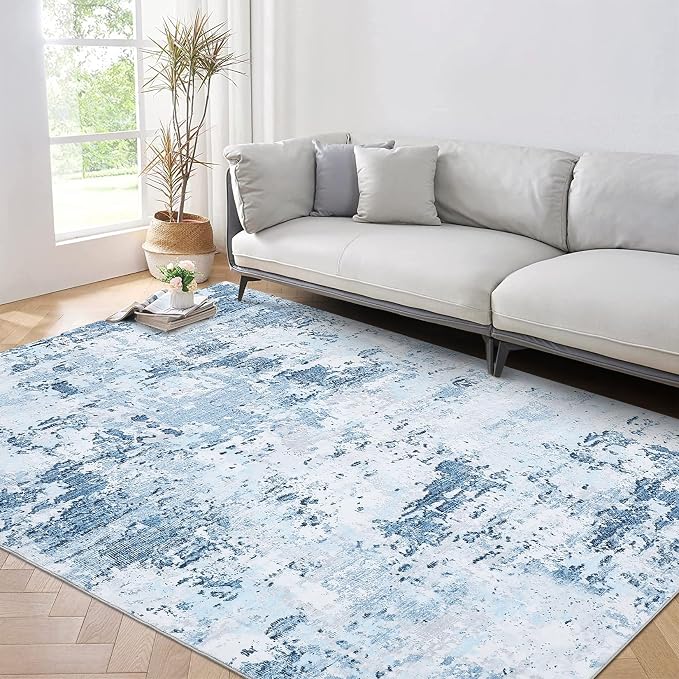 ROYHOME 5x7 Area Rugs Modern Abstract Faux Wool Rug, Blue | Ultra-Soft Low Pile Accent Rug Stain Resistant Carpet Machine Washable Rugs for Bedroom with Non Slip Backing