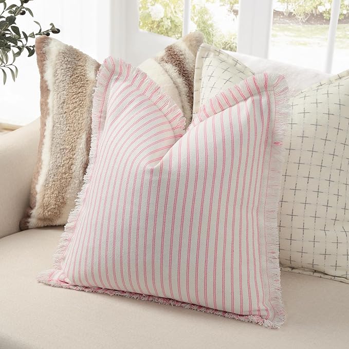 ZWJD Throw Pillow Covers 20x20 Set of 2 Striped Pillow Covers with Fringe Chic Cotton Decorative Pillows Square Cushion Covers for Sofa Couch Bed Living Room Farmhouse Decor (Pink)