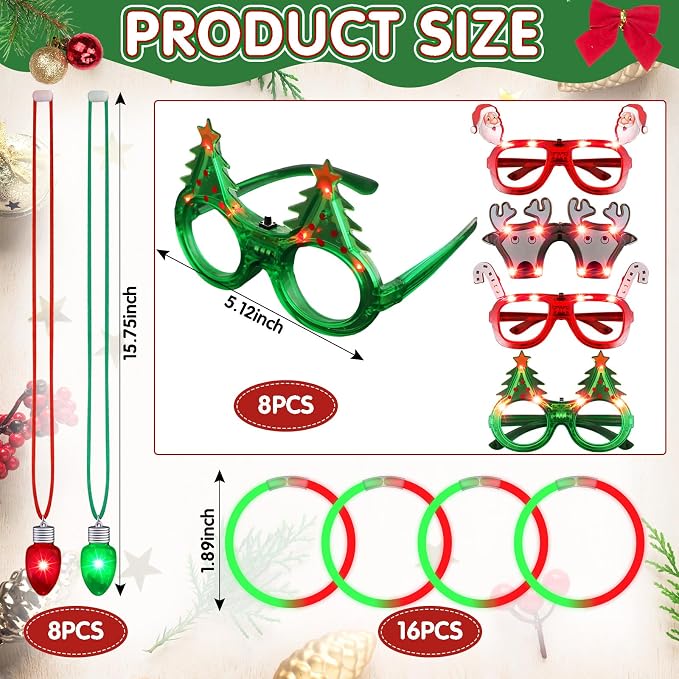 Hiboom 40 Pcs Light Up Christmas Headband Necklace Christmas Glasses Frame Fluorescent Wristbands Glowing in Dark Xmas Party Favor Set Glow Accessories for Holiday Party Favors Supplies
