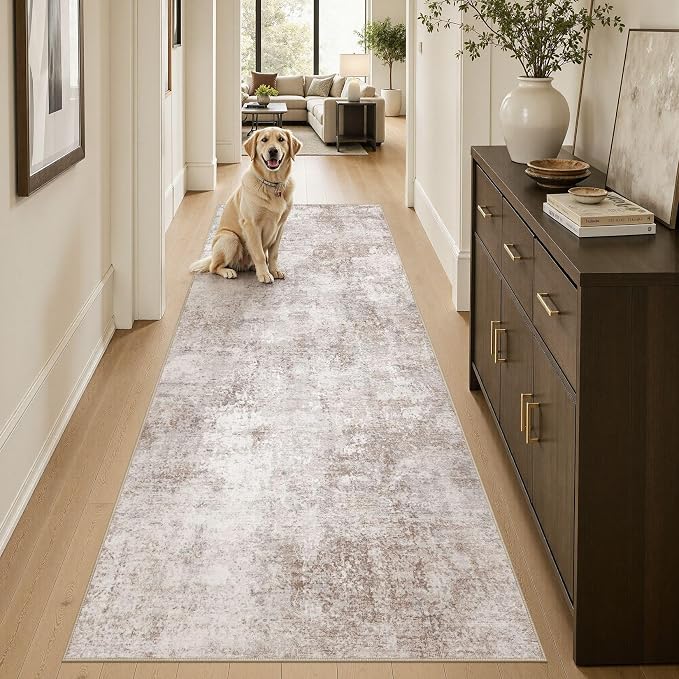 Washable Runner Rug 3x8, Non Slip Neutral Area Rug for Hallway | Modern Abstract Carpet, Stain Resistant and Kid & Pet Friendly, Made for Kitchen, Entryway, Laundry, Kitchen, Indoor - Brown