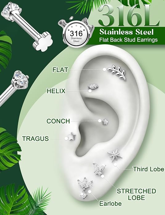 Drperfect 18G Reversible Flat Back Stud Earrings for Women Hypoallergenic Surgical Steel 14K Gold Silver Plated Internal Thread Stud Piercing Jewelry for Tragus Helix Cartilage Conch Piercing