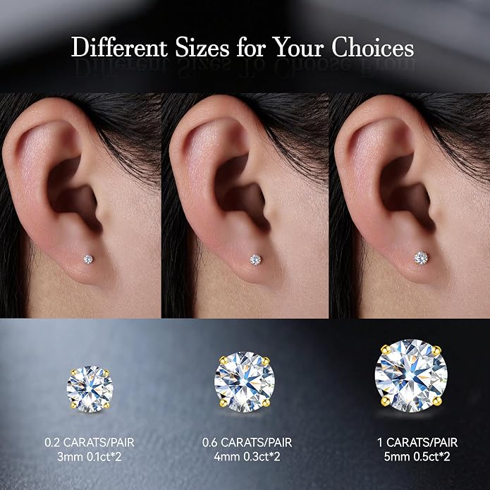 Limerencia Moissanite Internal Thread 18G Titanium Earrings, Hypoallergenic F136 Titanium Flat Back Piercing Studs, VVS1 Lab-created Moissanite Studs for Women Men Tragus Helix Cartilage Conch Labret