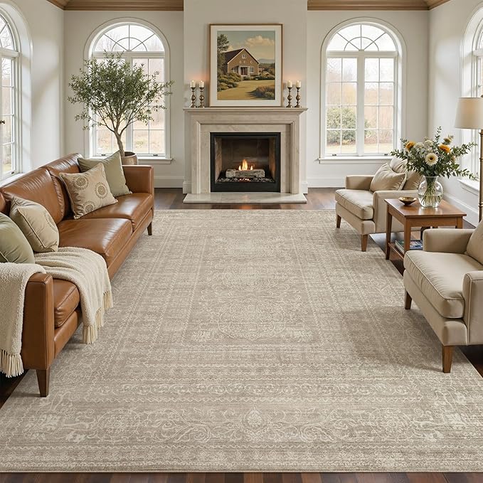 Nakagishi 7x10 Area Rugs Living Room: Washable Large Vintage Rug Neutral Non-Slip Soft Stain Resistant Indoor Carpet for Bedroom Nursery Dining Room Office Playroom - Brown