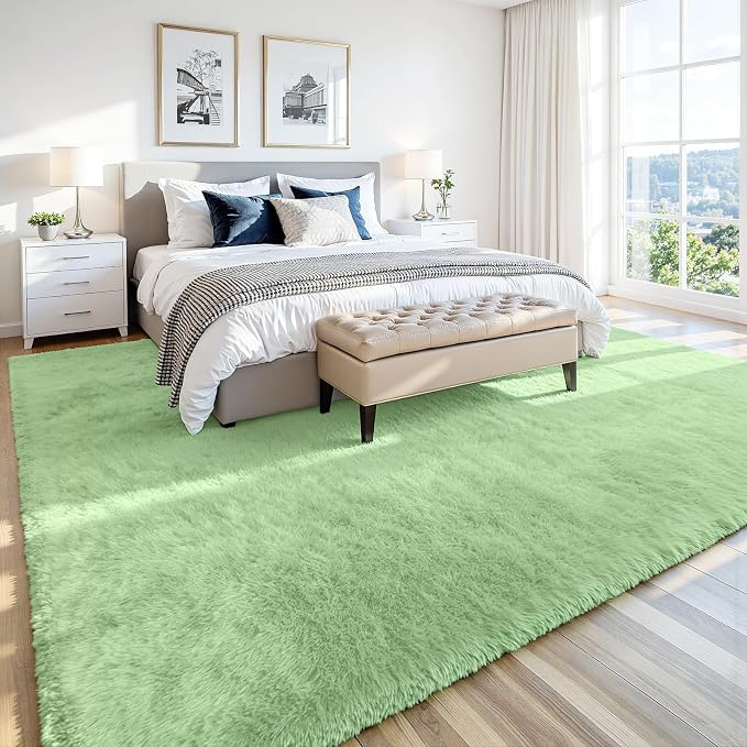 8x10 Area Rug for Living Room, Ultra Soft Fluffy Light Green Rugs for Bedroom, Non Slip Large Shag Carpet, Fuzzy Plush Nursery Rug, Thick Washable Indoor Floor Carpets for Kids Office Dorm Home Decor
