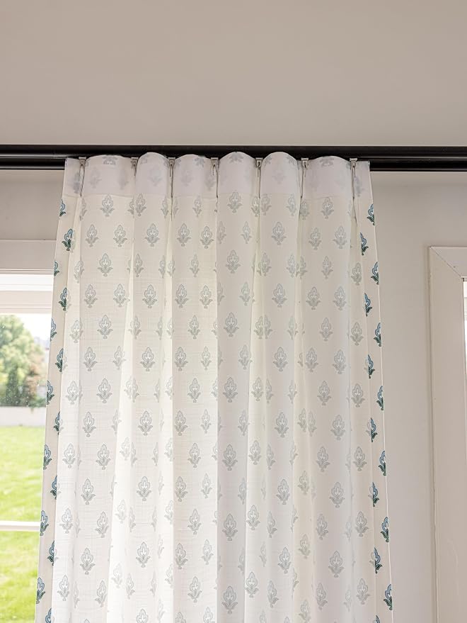 DrapePalette - Linen Blend Pinch Pleated Curtains 108 Inches Long for Living Room, Bedroom, Dining Room, Light Filtering Curtains 2 Panels Set, Modern Floral Printed Design, Indigo Bud, 30" W x 108" L