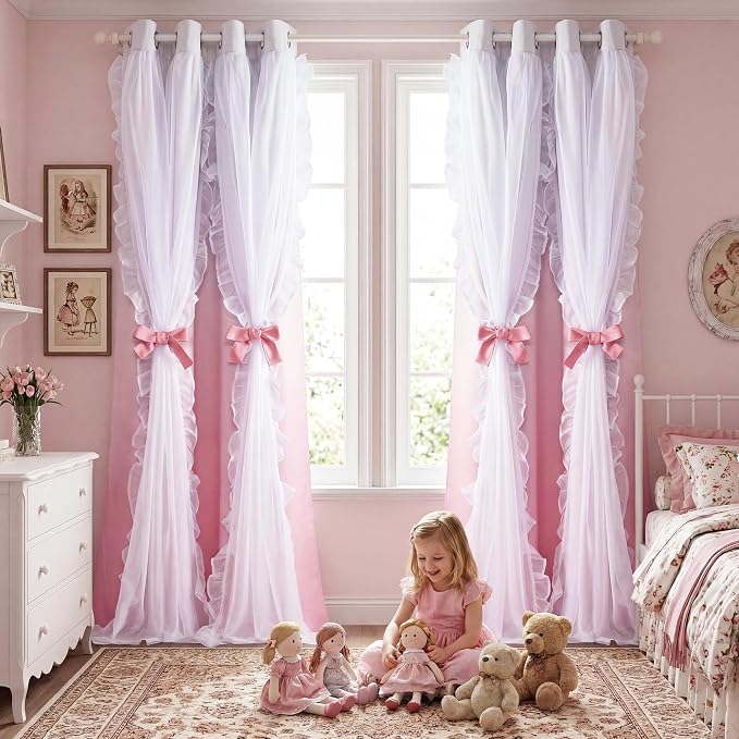 PONY DANCE Ruffle Curtains Double Layers Sheer Overlay Shabby Chic Decoration for Bedroom/Nusery, Gradient Window Covering with Tiebacks, 52" Wide x 84" Long, Ombre-Pink, 2 Panels
