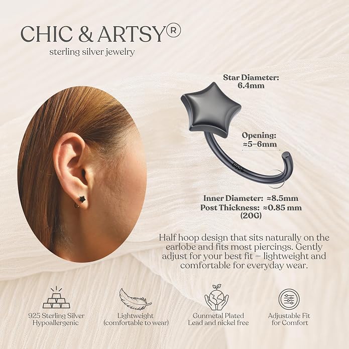 CHIC & ARTSY 925 Sterling Silver Half Hoop Earrings for Women, Small Huggie Hoops Set with Ball Bar Star Moon Cross & Pearl, Lightweight Comfort Fit Everyday & Sleep Earrings