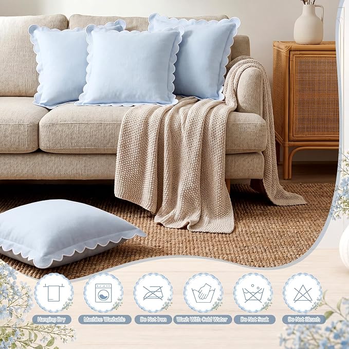 4 Pcs Blue Scalloped Pillow Covers 18x18 Inch Scallop Grandmillennial Decorative Couch Throw Pillows Granny Chic Pillowcases for Farmhouse Sofa, Couch, Outdoor Patio Decor