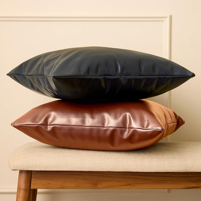 Encasa XO Faux Leather Throw Pillows Covers 16"x16" (Set of 2) | Tan Decorative Cushion Covers | Modern Farmhouse Pillow Cases for Outdoor, Living Room, Bedroom, Couch, Sofa