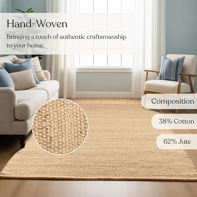 Handwoven Jute and Cotton Area Rug - Natural Rug, Farmhouse Accent Rug for Living Room, Bedroom, or Entryway - Sustainable, Flatweave - (6x9 Natural)
