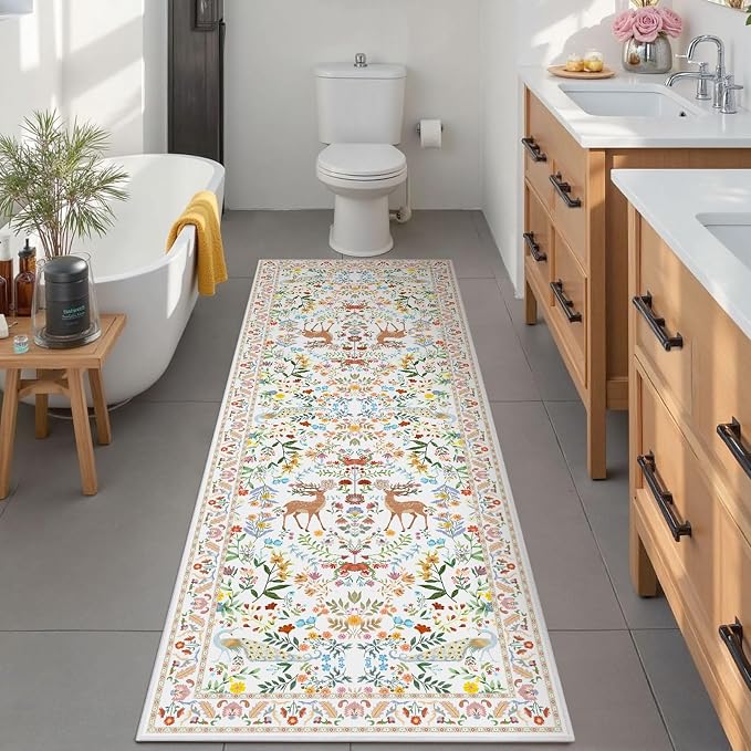 Lunasun 2x6 White Runner Rug for Kitchen, Entry Way - Bathroom Runners, Non Slip Washable Floral Print Home Decor