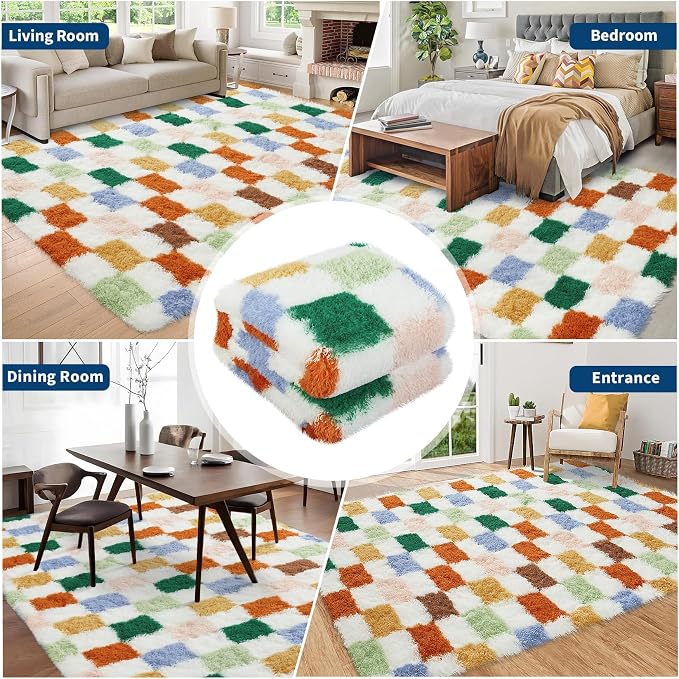 Garvee Washable Checkered 8x10 Area Rug for Living Room Colorful Modern Shag Rugs Thick Fuzzy Rugs Non-Slip Large Plush Rug Soft Indoor Carpet Shaggy Rugs for Bedroom Home Aesthetic Decor