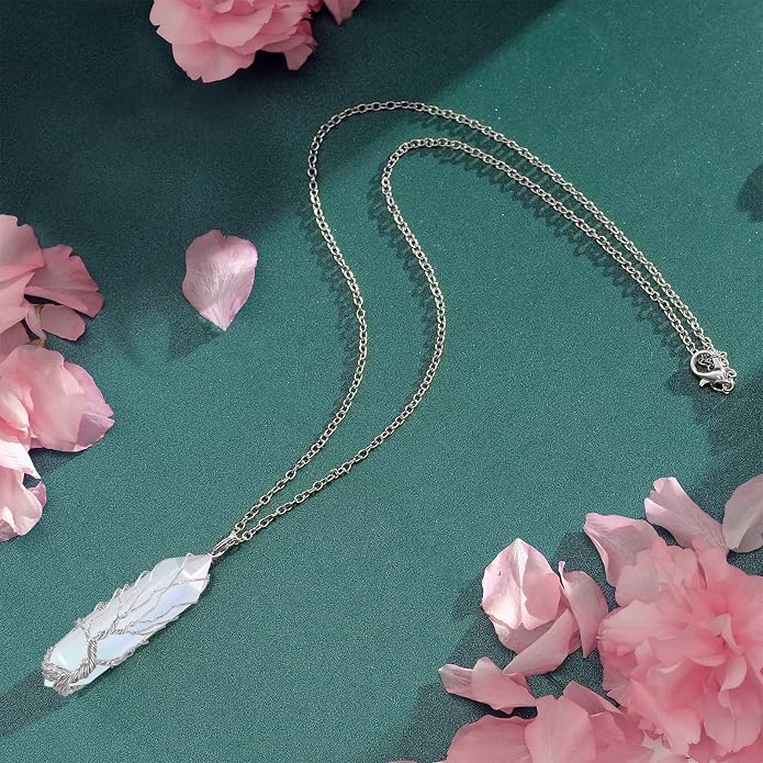 VIBILIA Healing Crystal Necklace Tree of Life Wire Wrapped Natural Stone Point Pendant Necklace Hexagonal Reiki Spiritual Quartz Gemstone Jewelry for Women Men
