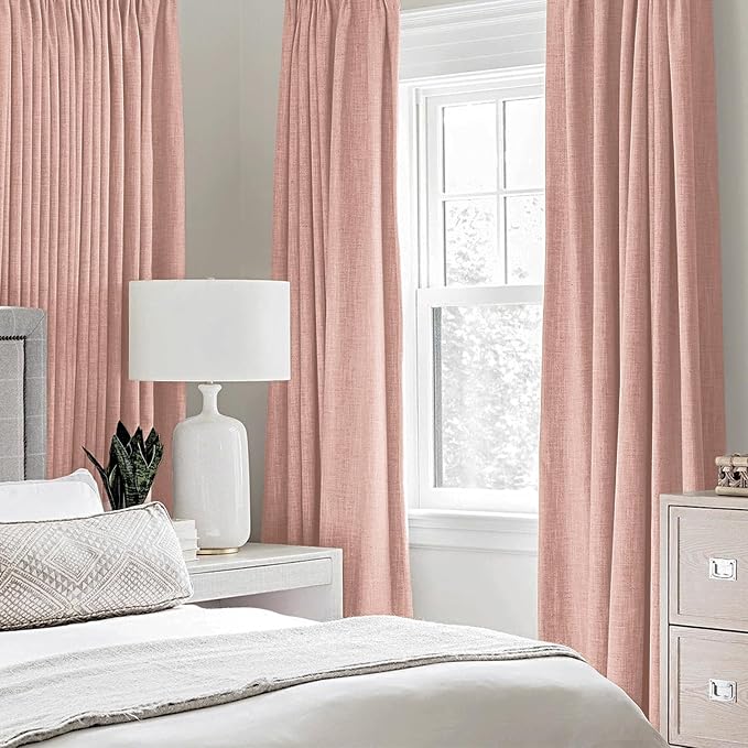 MIULEE 100% Blackout Linen Curtains for Bedroom Thermal Insulated Blush Pink Grommet Room Darkening Curtains & Drapes for Living Room 52 x 84 Inch (2 Panels)