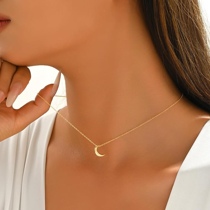 Crescent Moon Necklace for Women, 925 Sterling Silver Crescent Choker Necklace 14K Gold Plated Dainty Half Moon Pendant Necklace for Mother Daughter Mother Wedding Graduation Jewelry Gift
