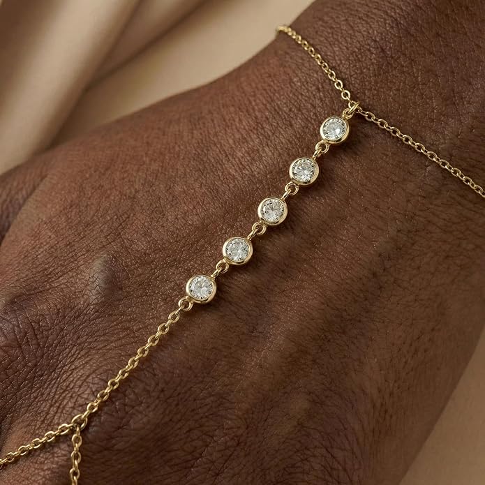 Faire de la Mode Dainty Hand Chain Bracelet for Women – Adjustable 14k Gold Plated Ring Bracelet Hand Chain with AAA CZ Tarnish-Resistant Jewelry for Small to Medium Hands