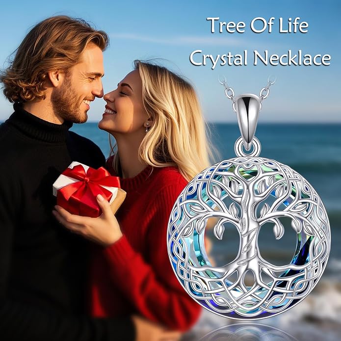 VONALA Tree of Life Necklace 925 Sterling Silver Abalone/Crystal Celtic Knot Family Tree Filigree Pendant Necklace Tree Jewelry Gift Women