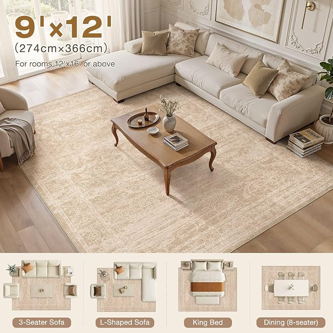 Nakagishi 9x12 Area Rugs Living Room:Washable Large Vintage Rug Neutral Non-Slip Soft Stain Resistant Indoor Carpet for Bedroom Nursery Dining Room Office Playroom
