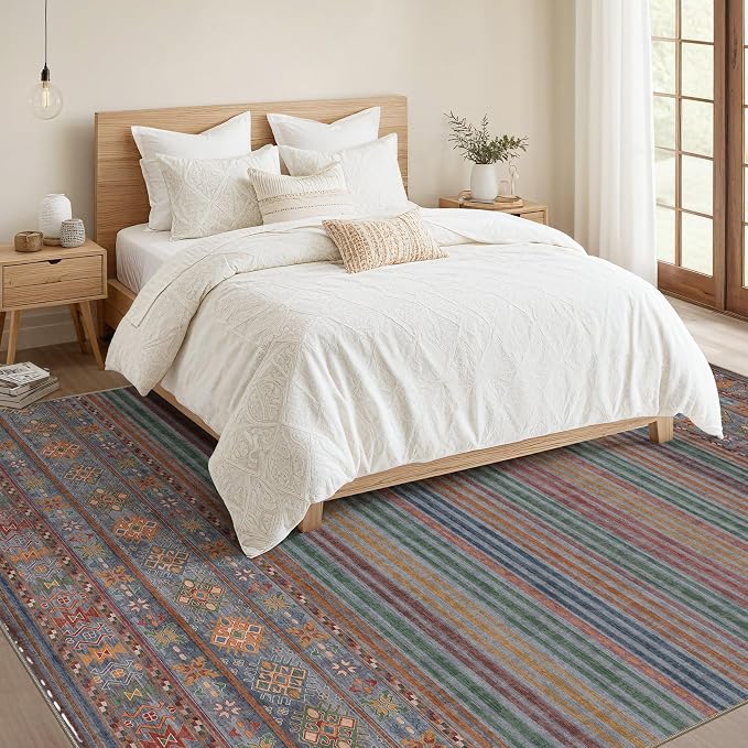 Nakagishi 5X7 Area Rugs Living Room: Washable Large Vintage Rug Neutral Non-Slip Soft Stain Resistant Indoor Carpet for Bedroom Nursery Dining Room Office Playroom - Multi Color