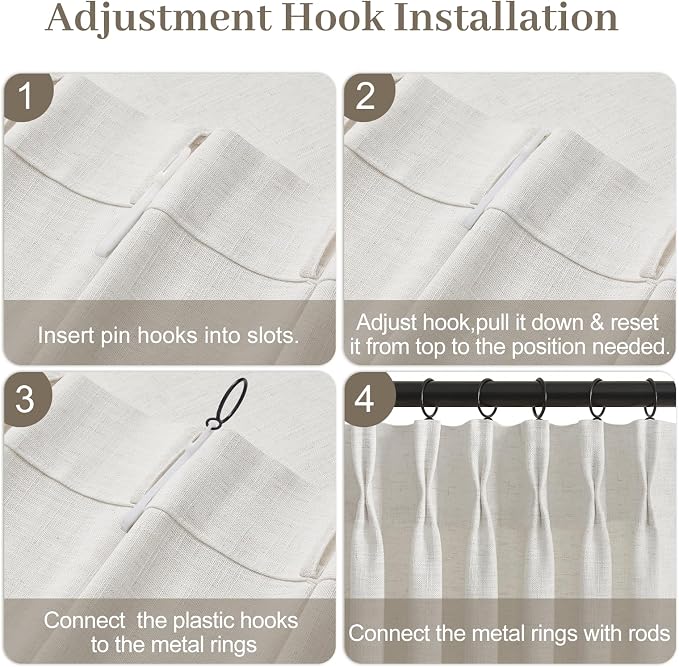 IVAPUPU Extra Wide Pinch Pleated Linen Curtains for Living Room, Memory Training Semi Sheer Pleated Curtain Hooks Rings Back Tab Light Filtering Drapes for Farmhouse, 70Wx96L, Beige White, 1 Panel