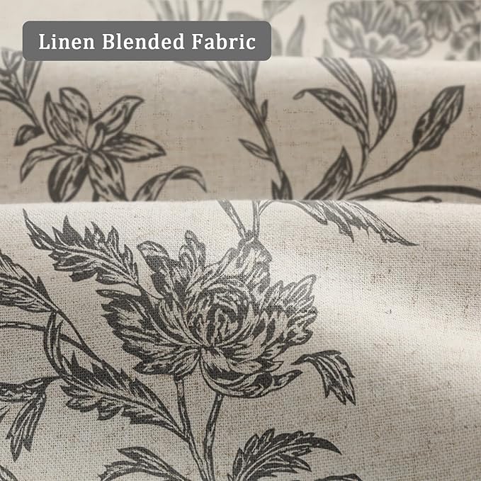 Black Floral 100% Blackout Curtains for Bedroom 84 Inch Length 2 Panels Set, Linen Texture Farmhouse Curtains for Living Room
