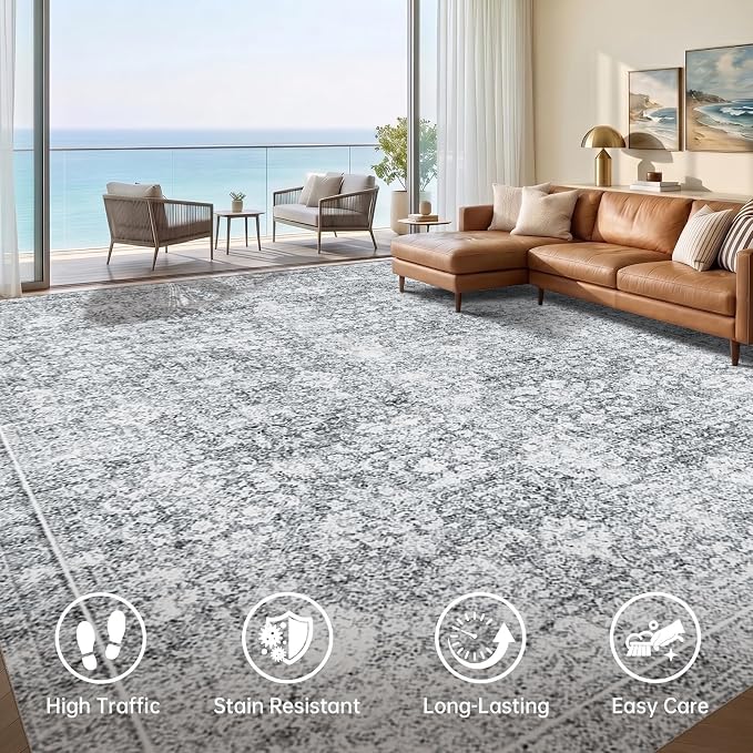 Sasttie 8x10 Area Rugs, Ultra-Soft Washable Rug, Low Pile Foldable Thin Carpets with Non-Slip Backing, Skin-Friendly Stain Resistant Carpet for Living Room, Bedroom, Kitchen, Dorm, 8x10, Light Grey